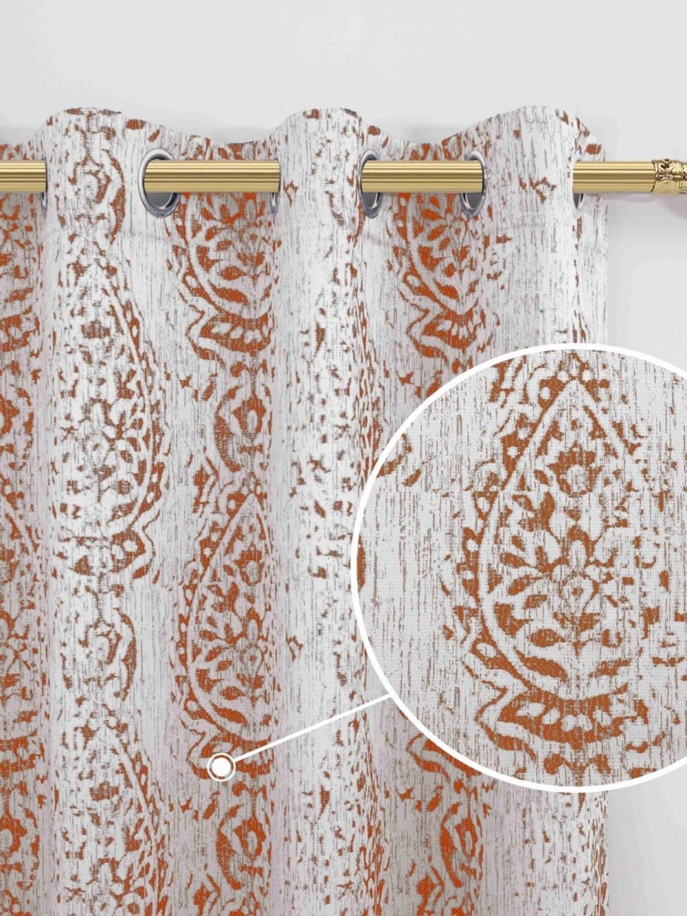 Rust Medallion Pattern Window Curtain Panel - White and Rust - Picture 2 of 10